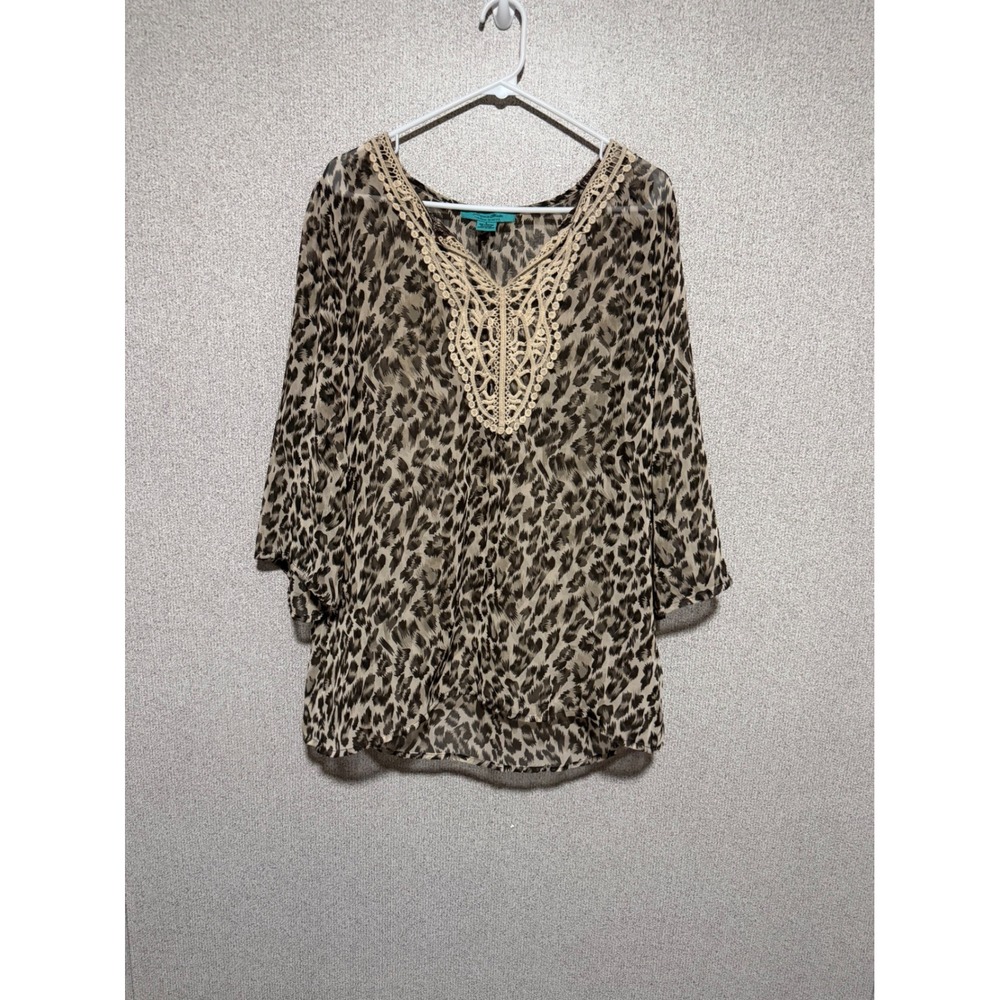 Turquoise Haven Leopard Print Crochet Lace V-Neck‎ Tunic Blouse Brown Tan Large